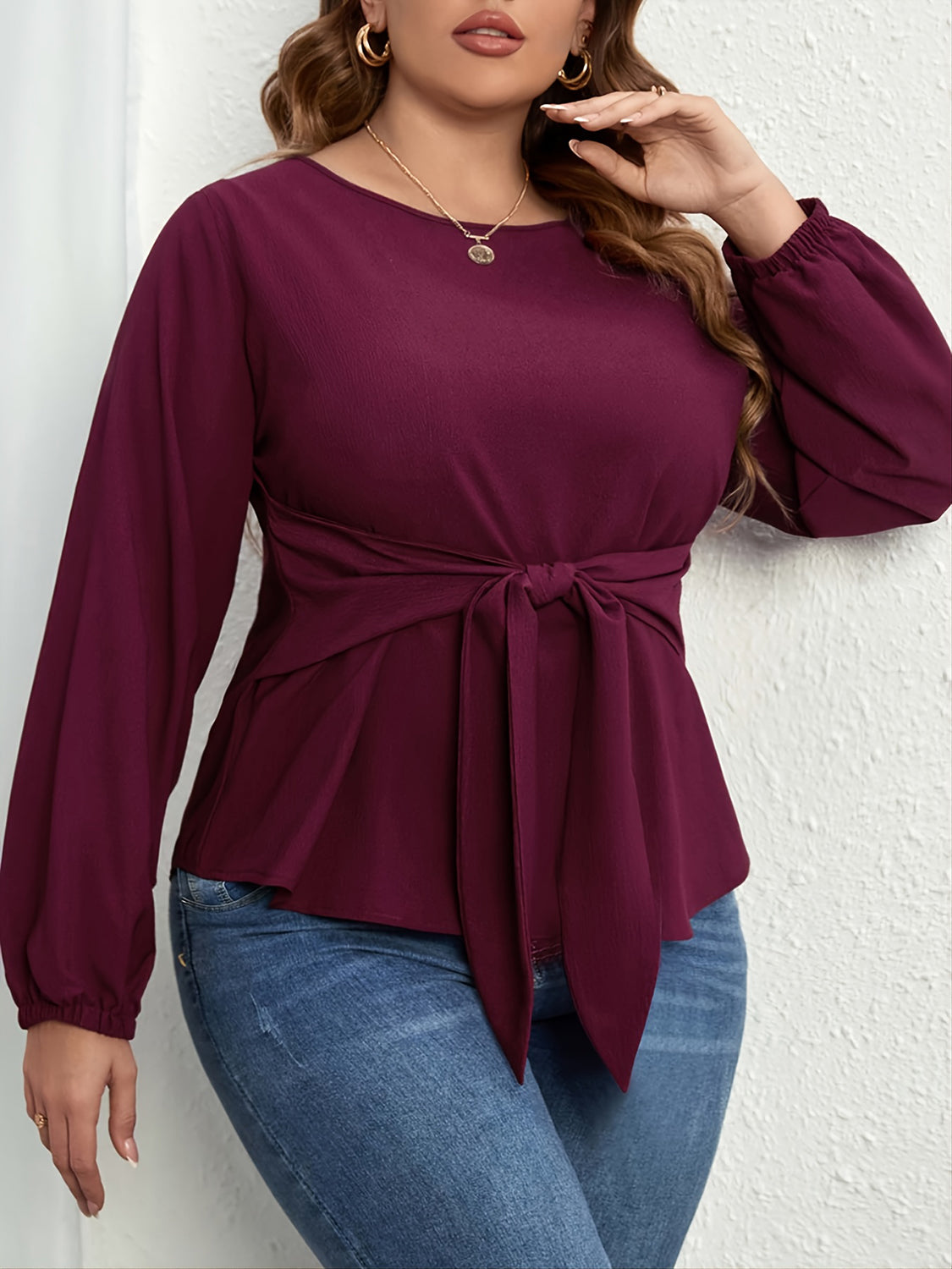 Plus Size Tie Front Long Sleeve Blouse - Luxe4Everyday Plum / 1XL Shirts