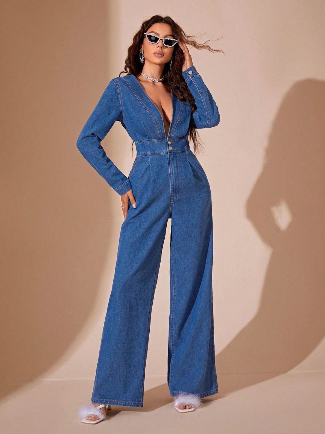 Plunge Long Sleeve Wide Leg Denim Jumpsuit - Luxe4Everyday Medium / XS Jumpsuit