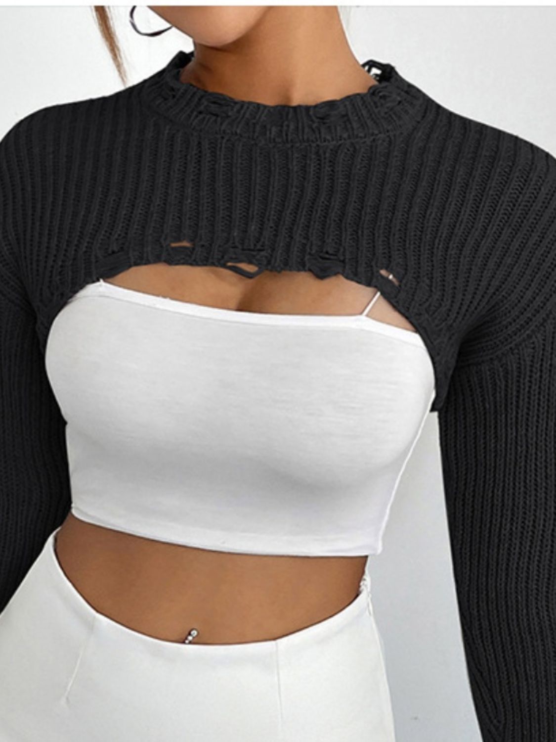 Distressed Long Sleeve Cropped Sweater - Luxe4Everyday Sweater