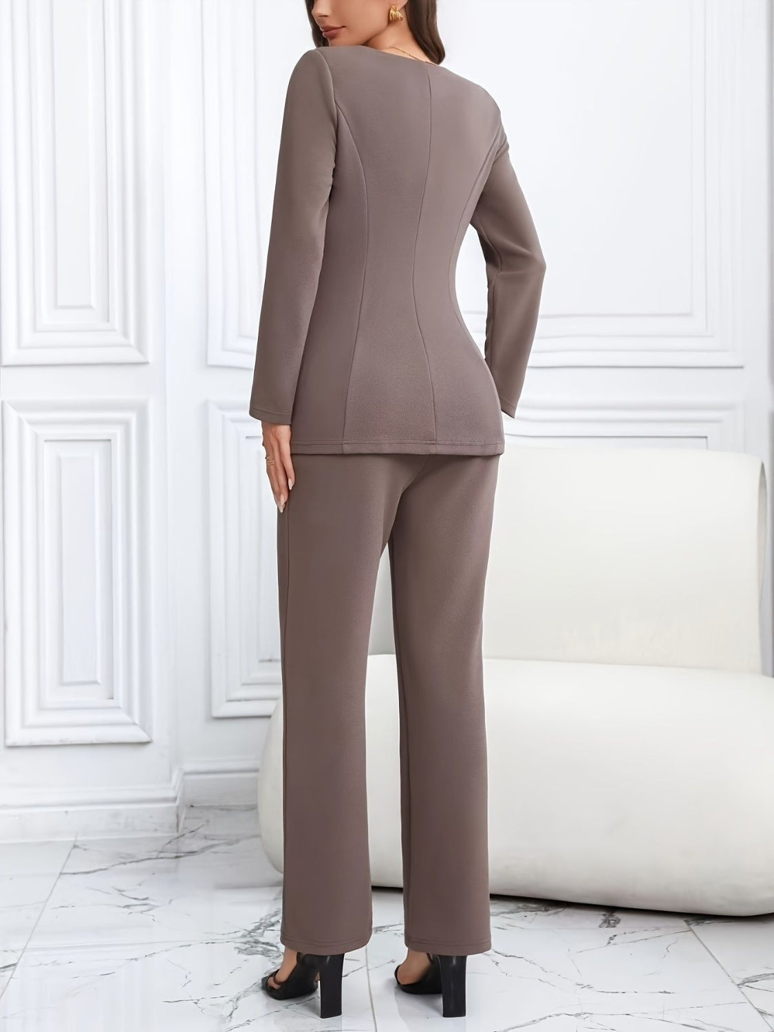 Square Neck Button Up Blazer and Pants Set - Luxe4Everyday Taupe / S Two-piece sets