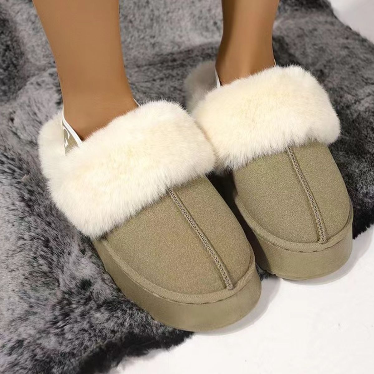 Plush Platform Slippers with Letter Strap - Luxe4Everyday Khaki / 36(US5) shoes