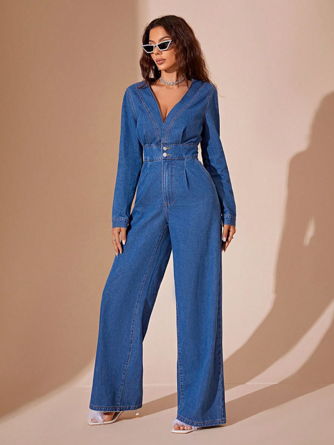 Plunge Long Sleeve Wide Leg Denim Jumpsuit - Luxe4Everyday Medium / XS Jumpsuit