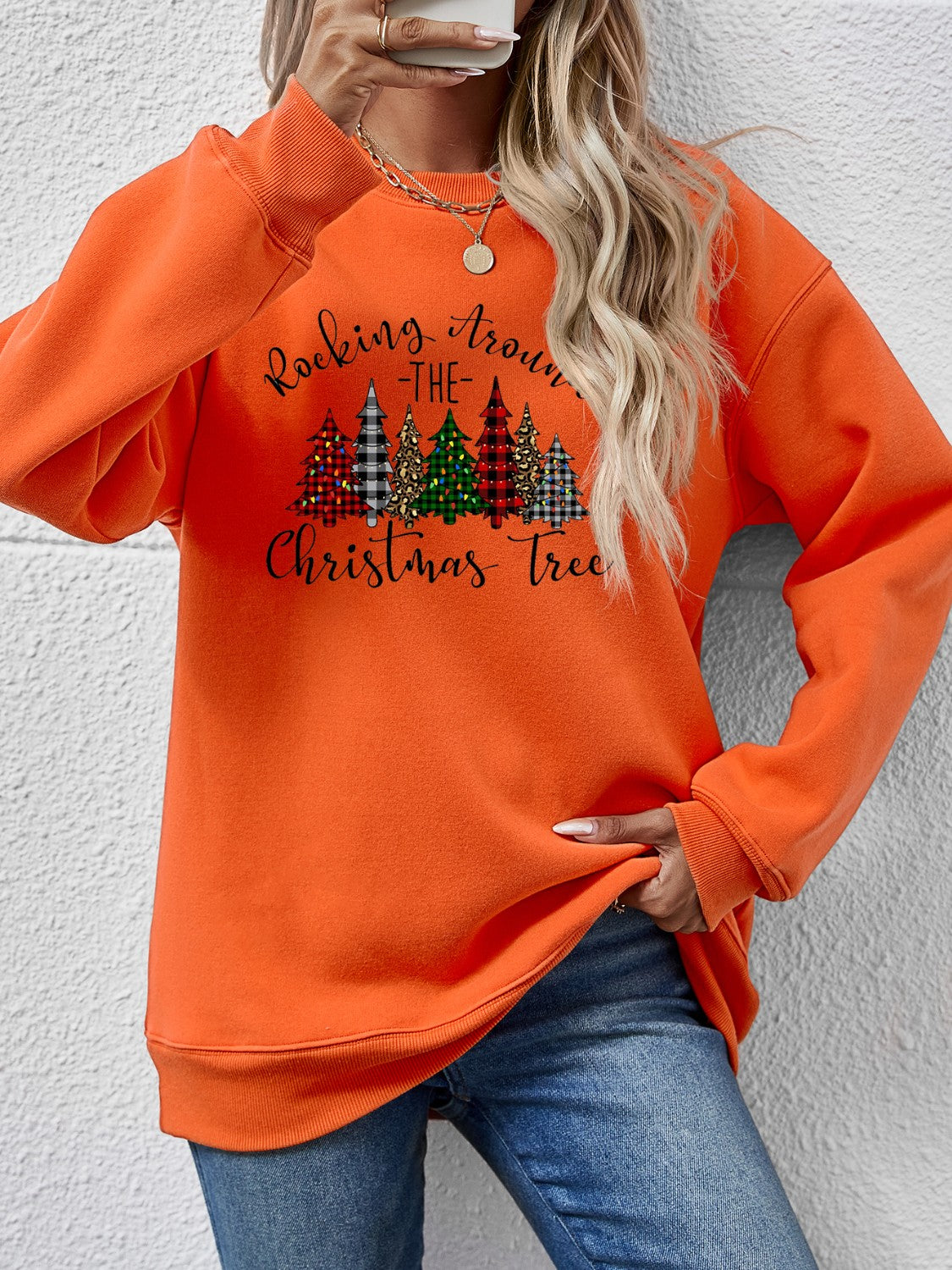 Christmas Tree Graphic Round Neck Sweatshirt - Luxe4Everyday Pumpkin / S Sweatshirt