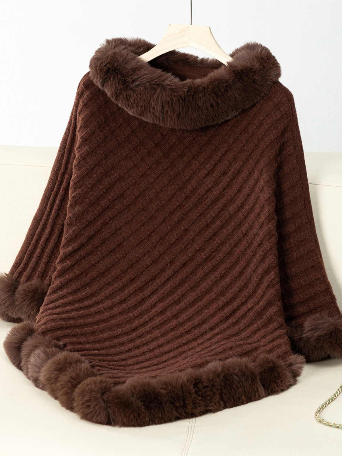 Fuzzy Trim Texture Three-Quarter Sleeve Poncho - Luxe4Everyday Chocolate / One Size Jacket