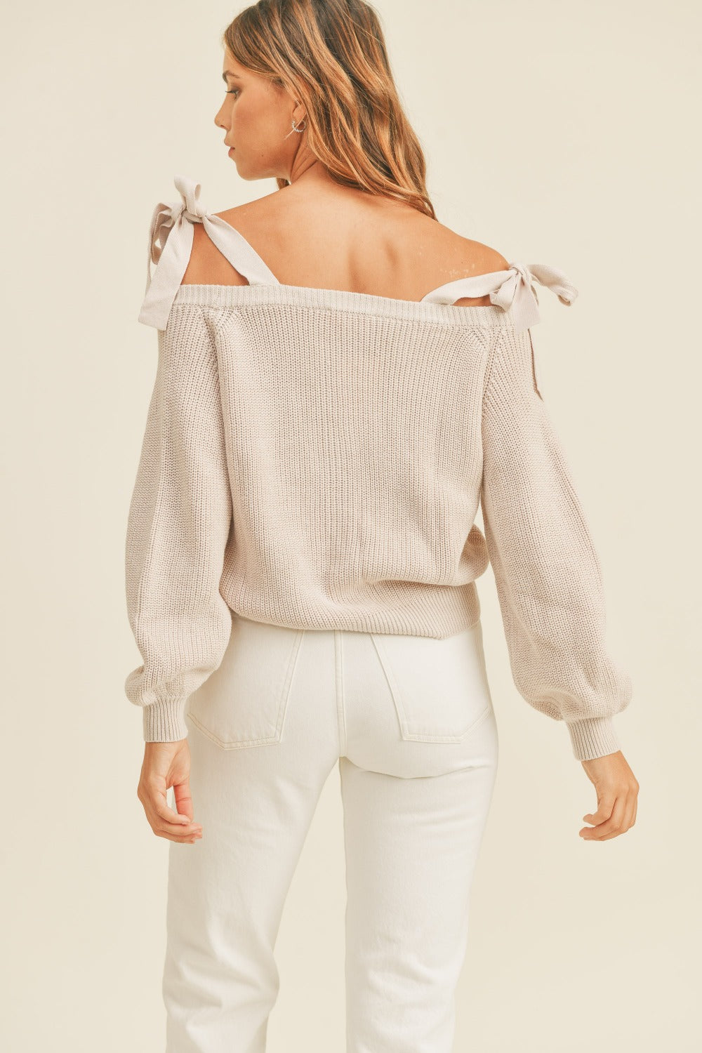 MABLE Off Shoulder Self Tie Strap Button Down Sweater - Luxe4Everyday Sweater