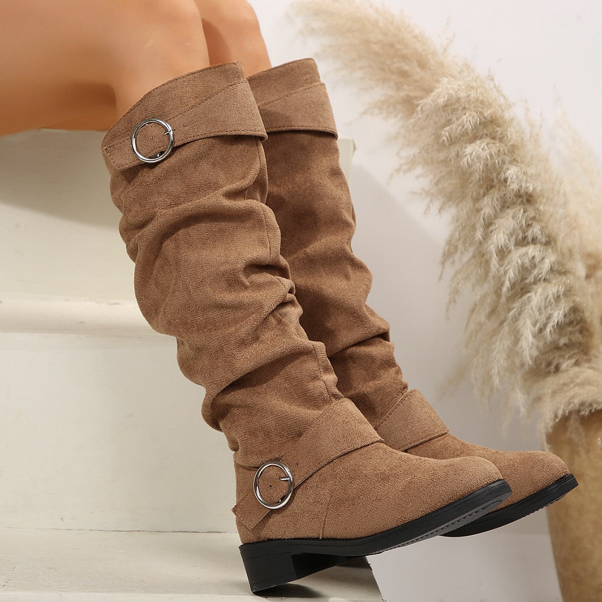 Buckle Round Toe Block Heel Boots - Luxe4Everyday Taupe / 36(US5) shoes