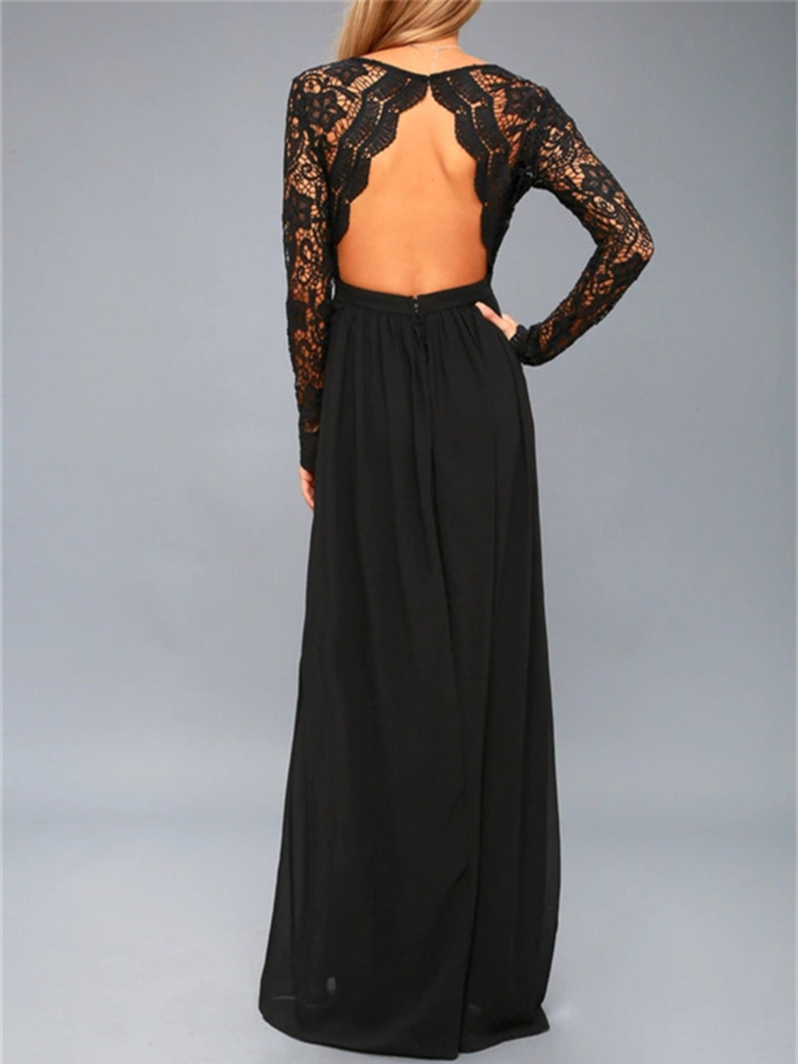 Lace Detail Backless Long Sleeve Maxi Dress - Luxe4Everyday Dress