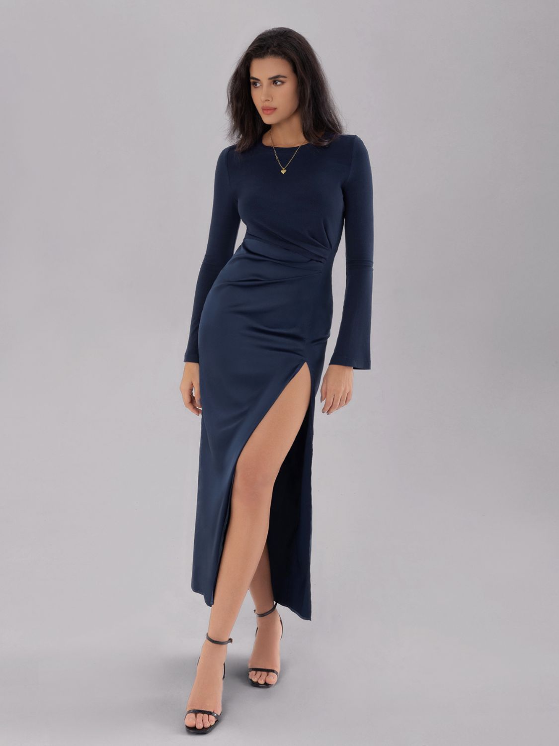 Split Round Neck Long Sleeve Midi Dress - Luxe4Everyday Dark Navy / S Dress