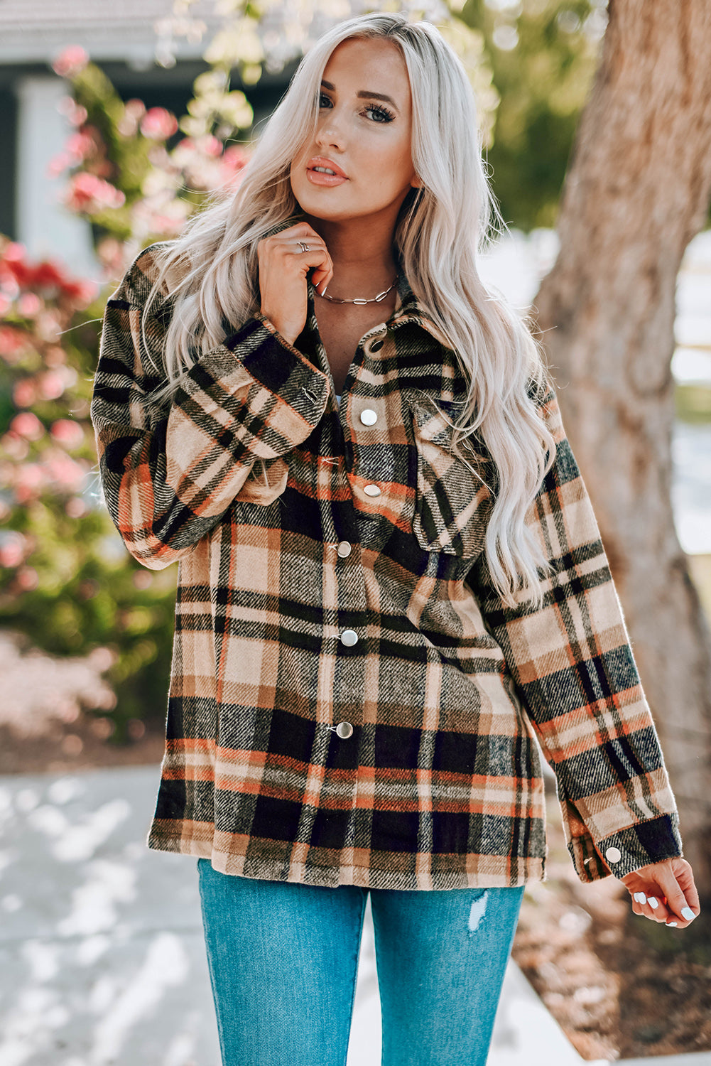 Plaid Button Front Shirt Jacket with Breast Pockets - Luxe4Everyday Khaki / S Jacket