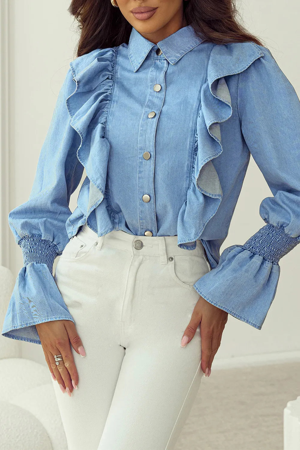 Ruffled Button Up Long Sleeve Denim Top - Luxe4Everyday Medium / S Denim top