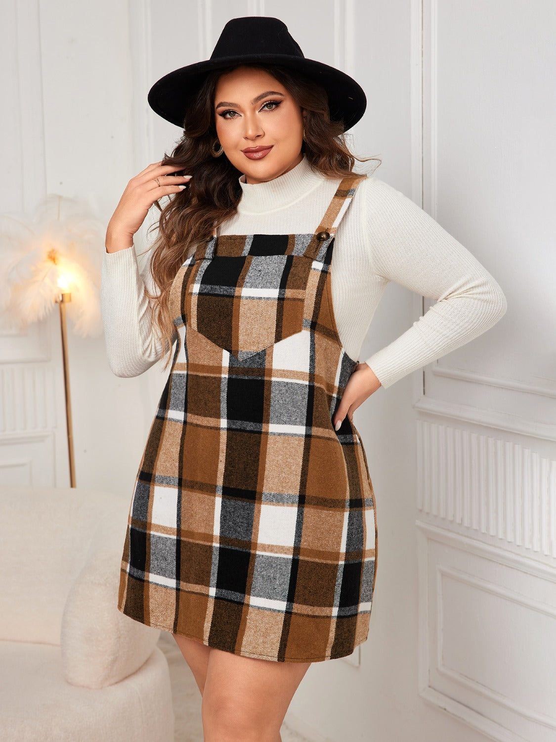 Honey Plus Size Plaid Wide Strap Overall Dress - Luxe4Everyday Caramel / 1XL Dress