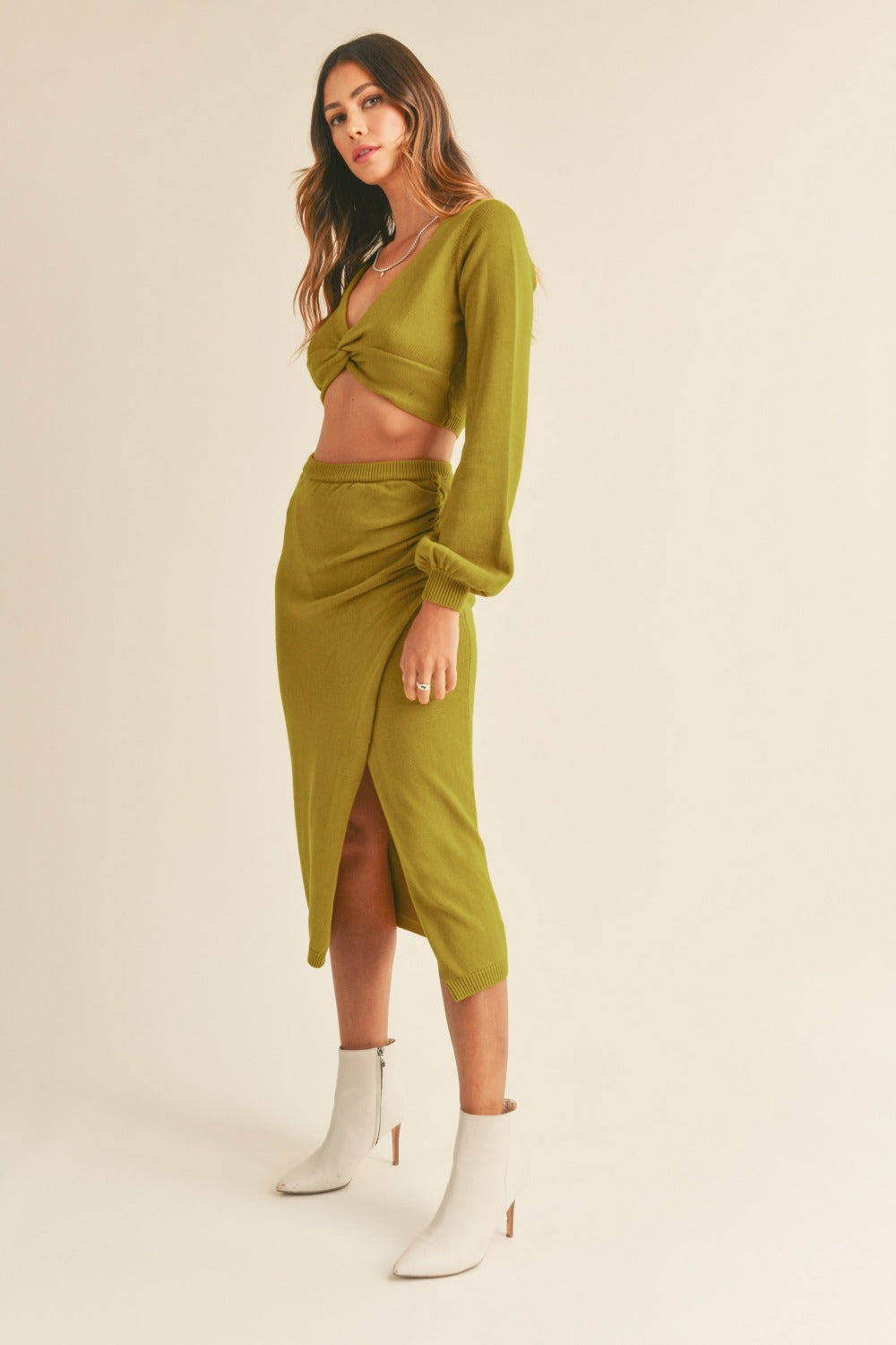 MABLE Front Twisted Knit Top and Midi Skirt Set - Luxe4Everyday Two-piece sets