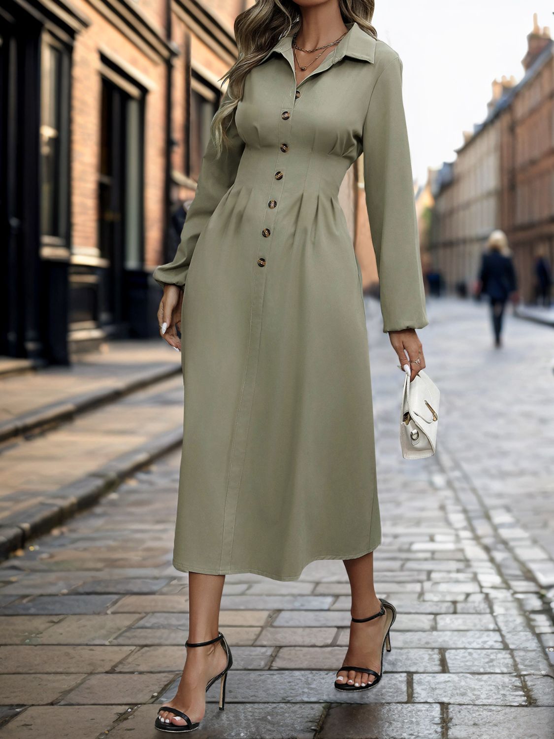 Perfee Smocked Half Button Long Sleeve Dress - Luxe4Everyday Sage / S