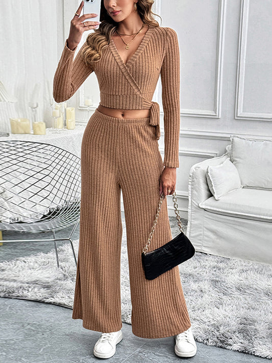 Perfee Surplice Long Sleeve Top and Pants Set - Luxe4Everyday Caramel / S two-piece set