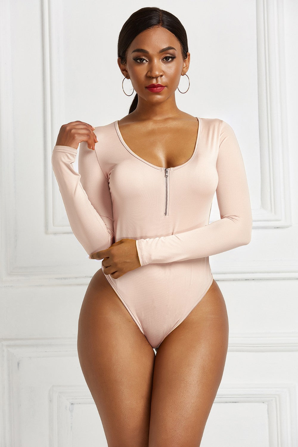 Half Zip Scoop Neck Long Sleeve Bodysuit - Luxe4Everyday Bodysuit