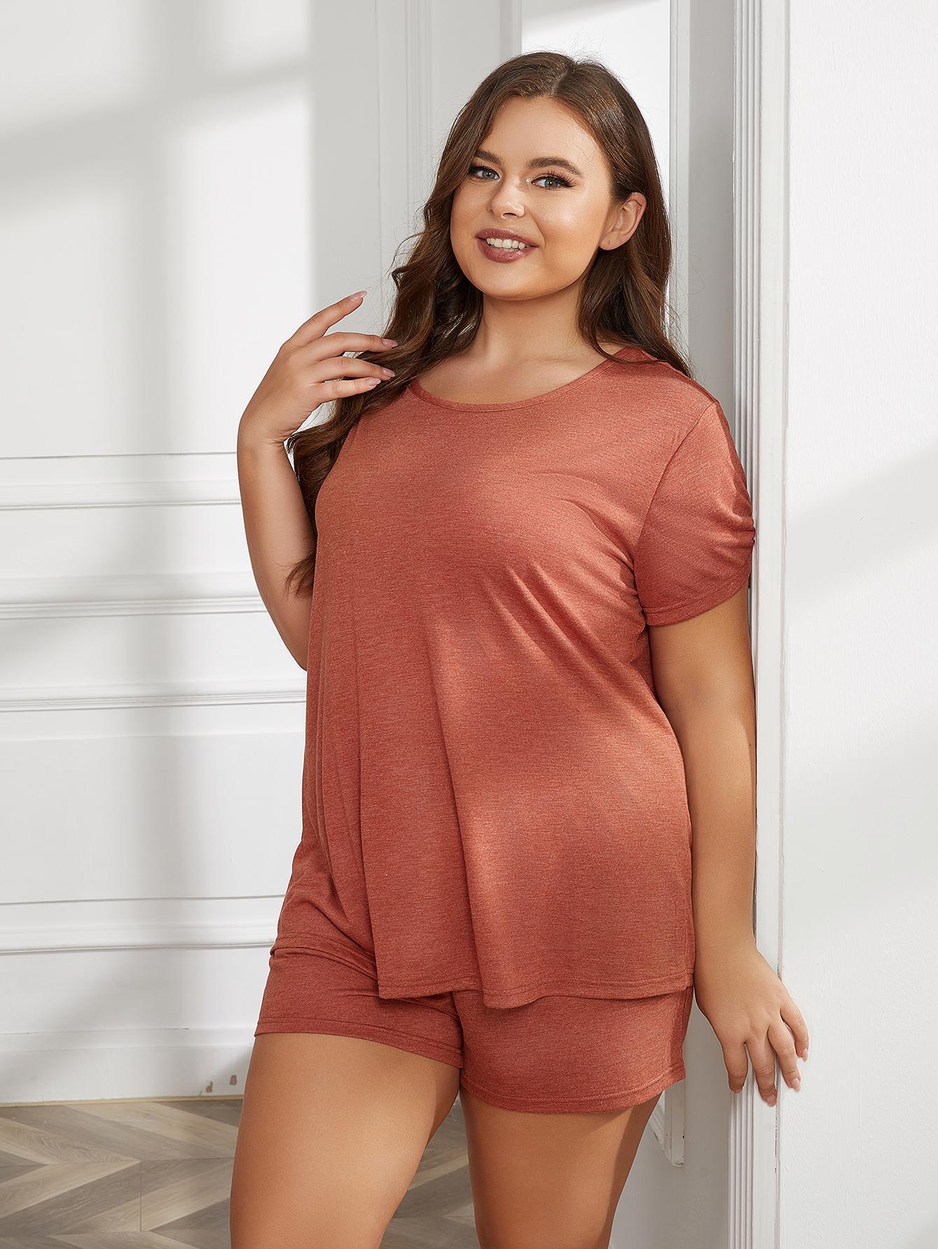 Plus Size Round Neck Short Sleeve Two-Piece Loungewear Set - Luxe4Everyday Rust / 0XL Lounge wear