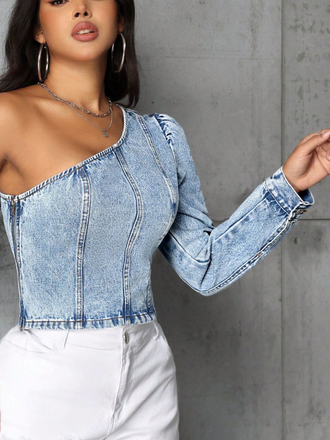 One Shoulder Long Sleeve Denim Top - Luxe4Everyday Top