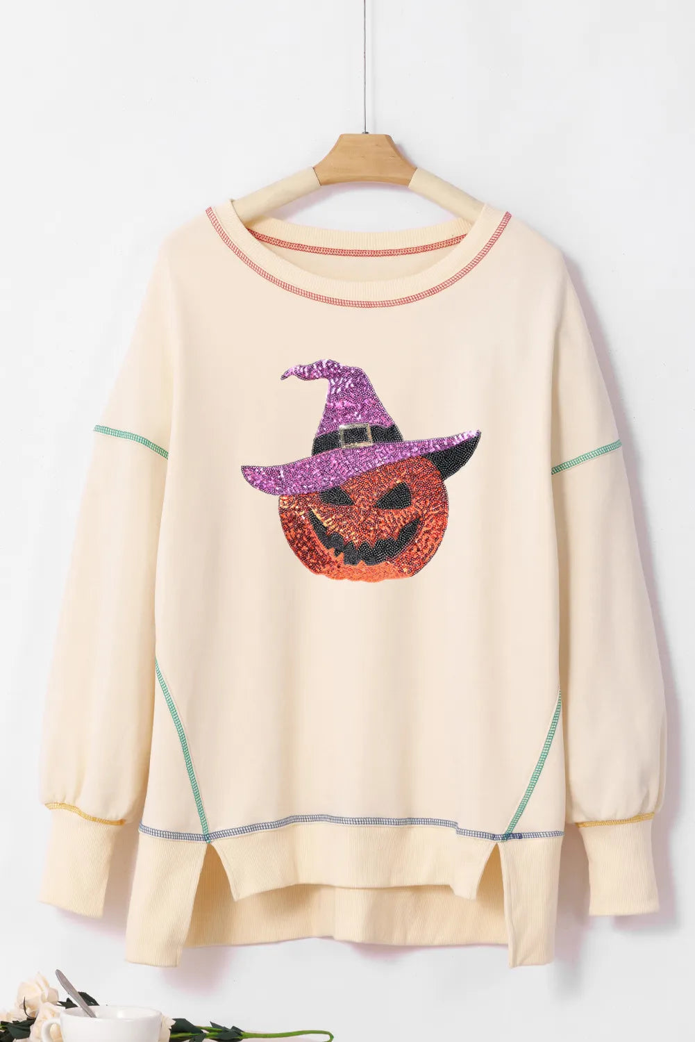 Contrast Stitching Sequin Pumpkin Round Neck Long Sleeve Sweatshirt - Luxe4Everyday Sweater