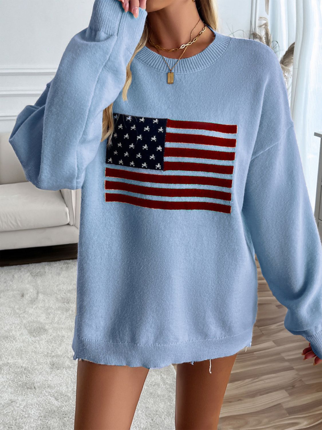 Devine US Flag Round Neck Long Sleeve Knit Top - Luxe4Everyday Sweater