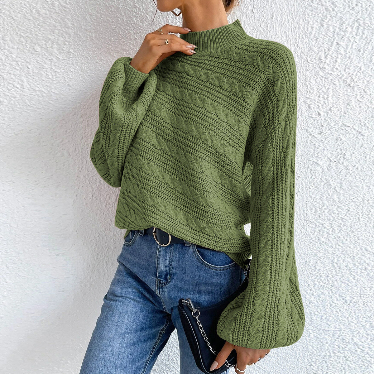 Cable-Knit Mock Neck Long Sleeve Sweater - Luxe4Everyday Sweater