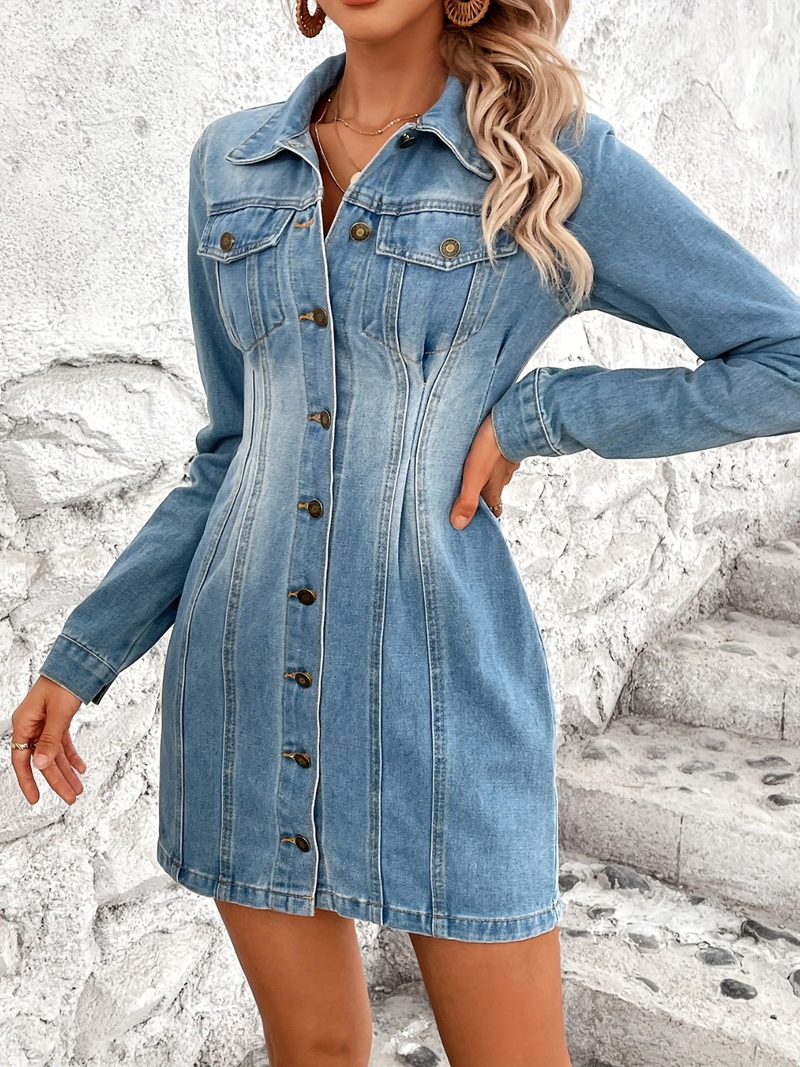 Pocketed Button Up Long Sleeve Denim Dress - Luxe4Everyday Dress