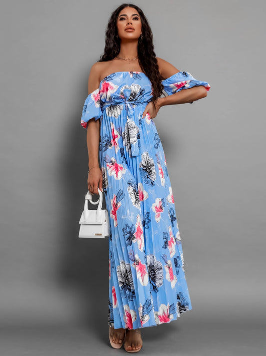 Pleated Floral Off-Shoulder Short Sleeve Midi Dress - Luxe4Everyday Sky Blue / S Dress