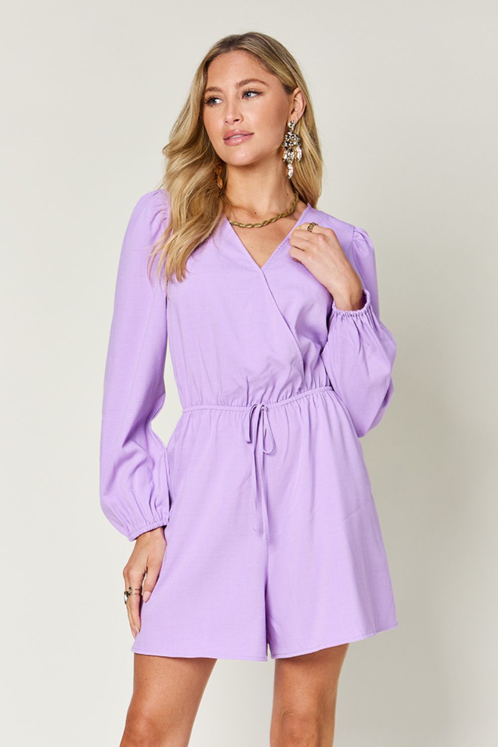 Double Take Full Size Drawstring Long Sleeve Romper - Luxe4Everyday Lavender / S Jumpsuit