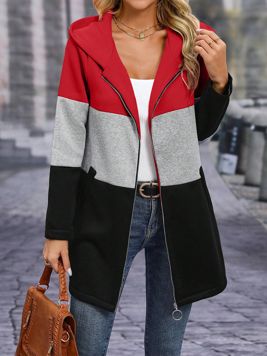 Color Block Zip Up Long Sleeve Hooded Outerwear - Luxe4Everyday Blush Pink / S Coat