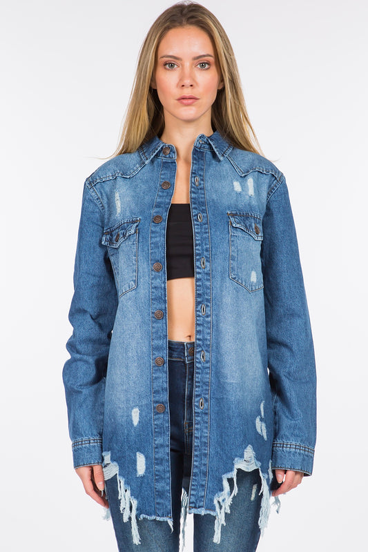 American Bazi Distressed Frayed Hem Denim Jacket - Luxe4Everyday Blue / S Jacket