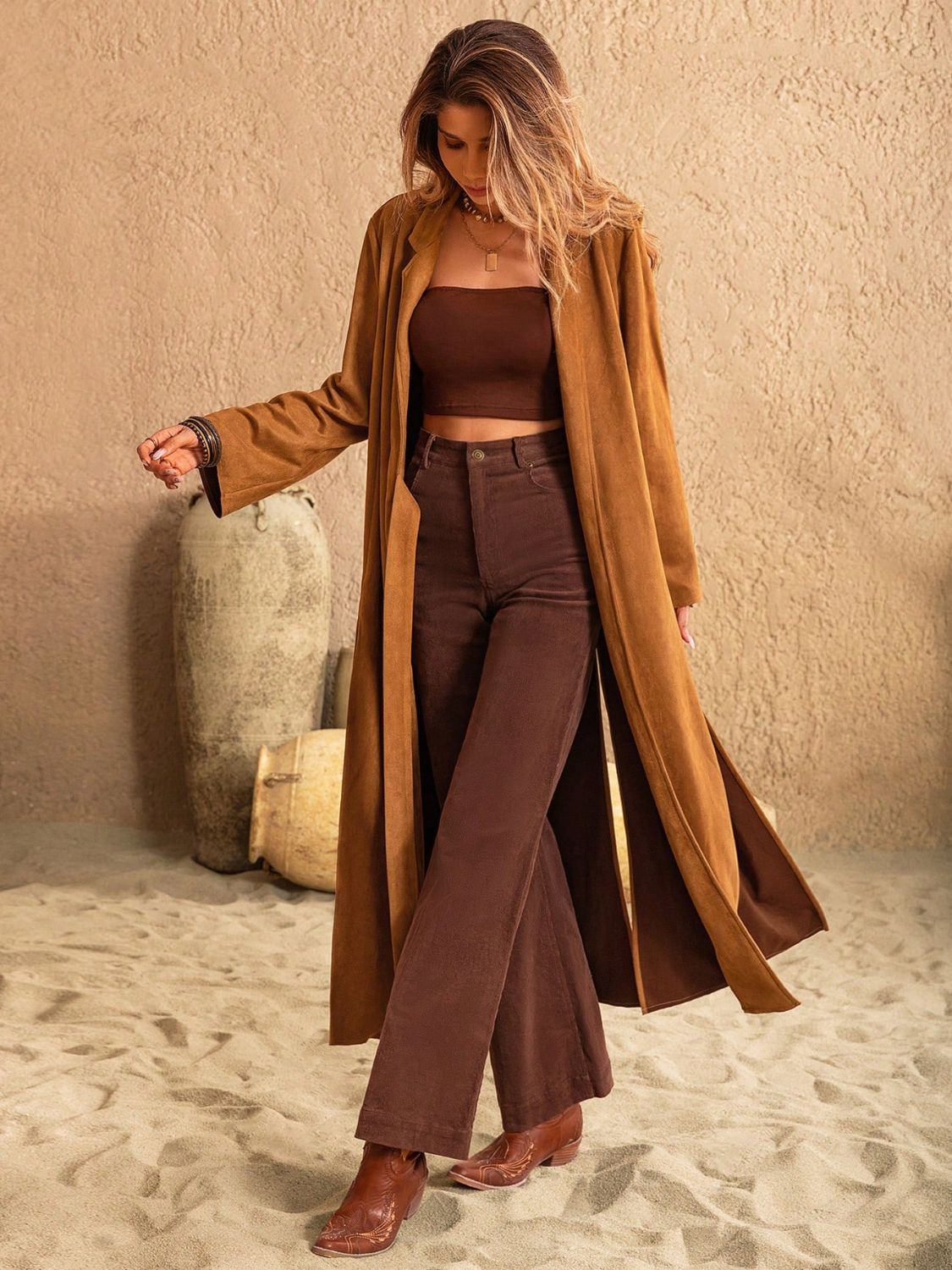 Slit Tied Collared Neck Longline Coat - Luxe4Everyday Caramel / S Coat