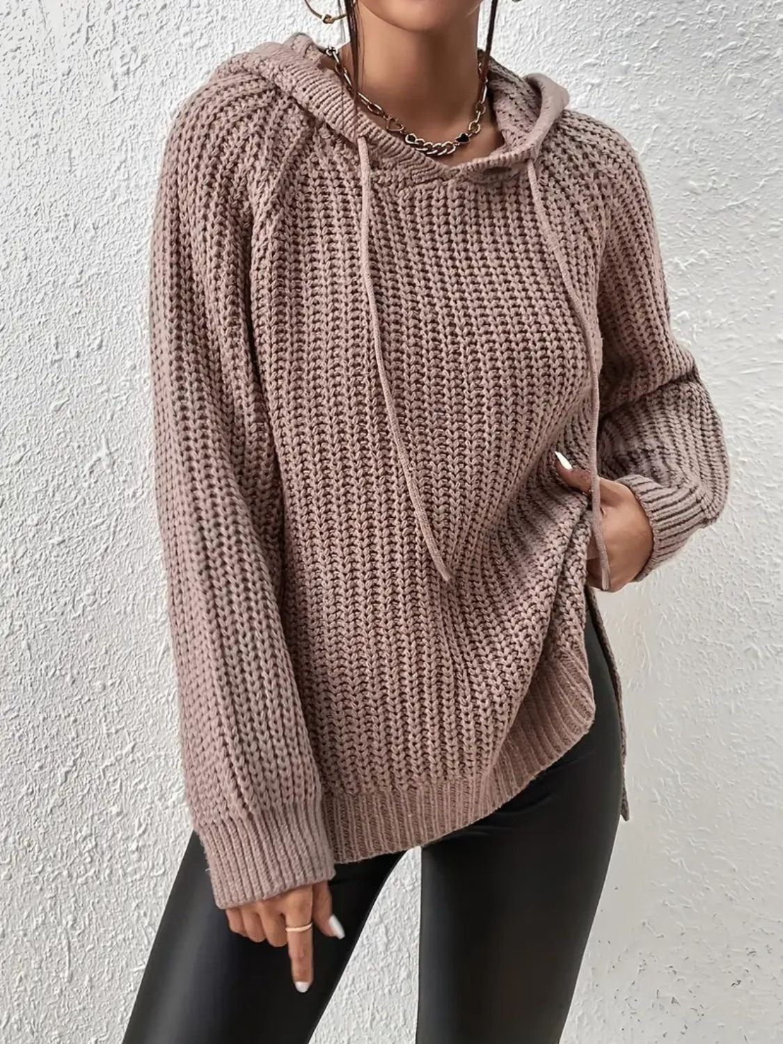 High-Low Side Slit Drawstring Long Sleeve Hooded Sweater - Luxe4Everyday Mocha / One Size Sweater