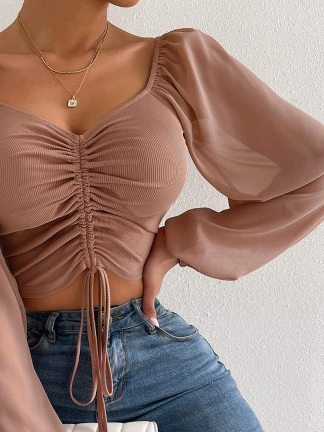 Drawstring Sweetheart Neck Cropped Top - Luxe4Everyday Shirt