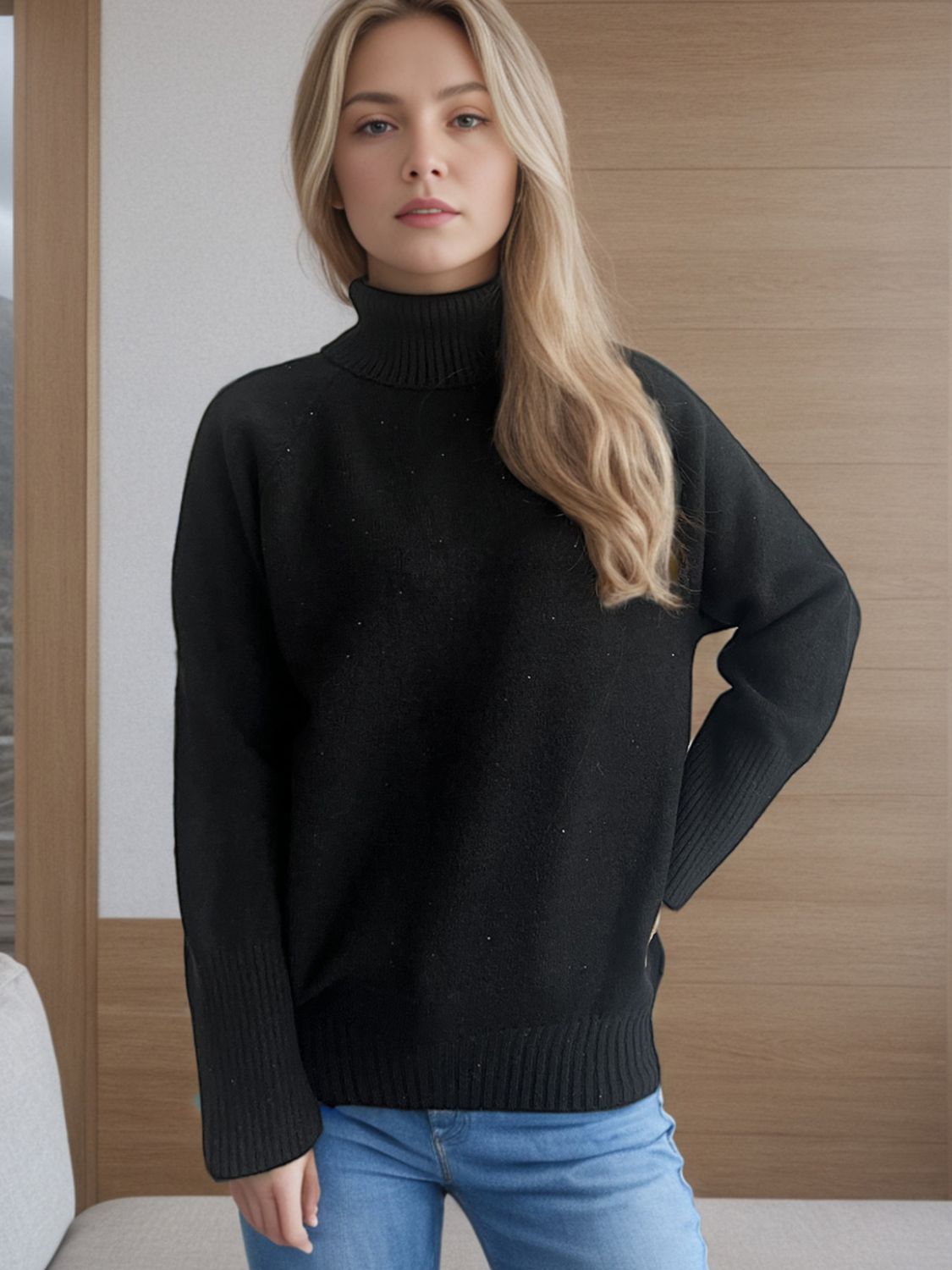 Turtleneck Raglan Sleeve Sweater - Luxe4Everyday Black / One Size Sweater