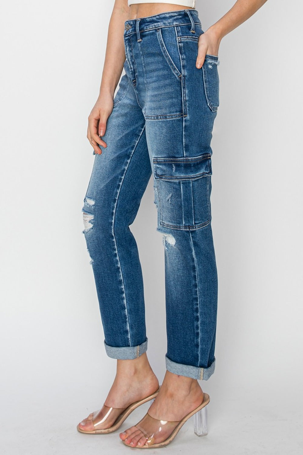 RISEN Full Size High Rise Cargo Ankle Roll Up Straight Jeans - Luxe4Everyday Jeans