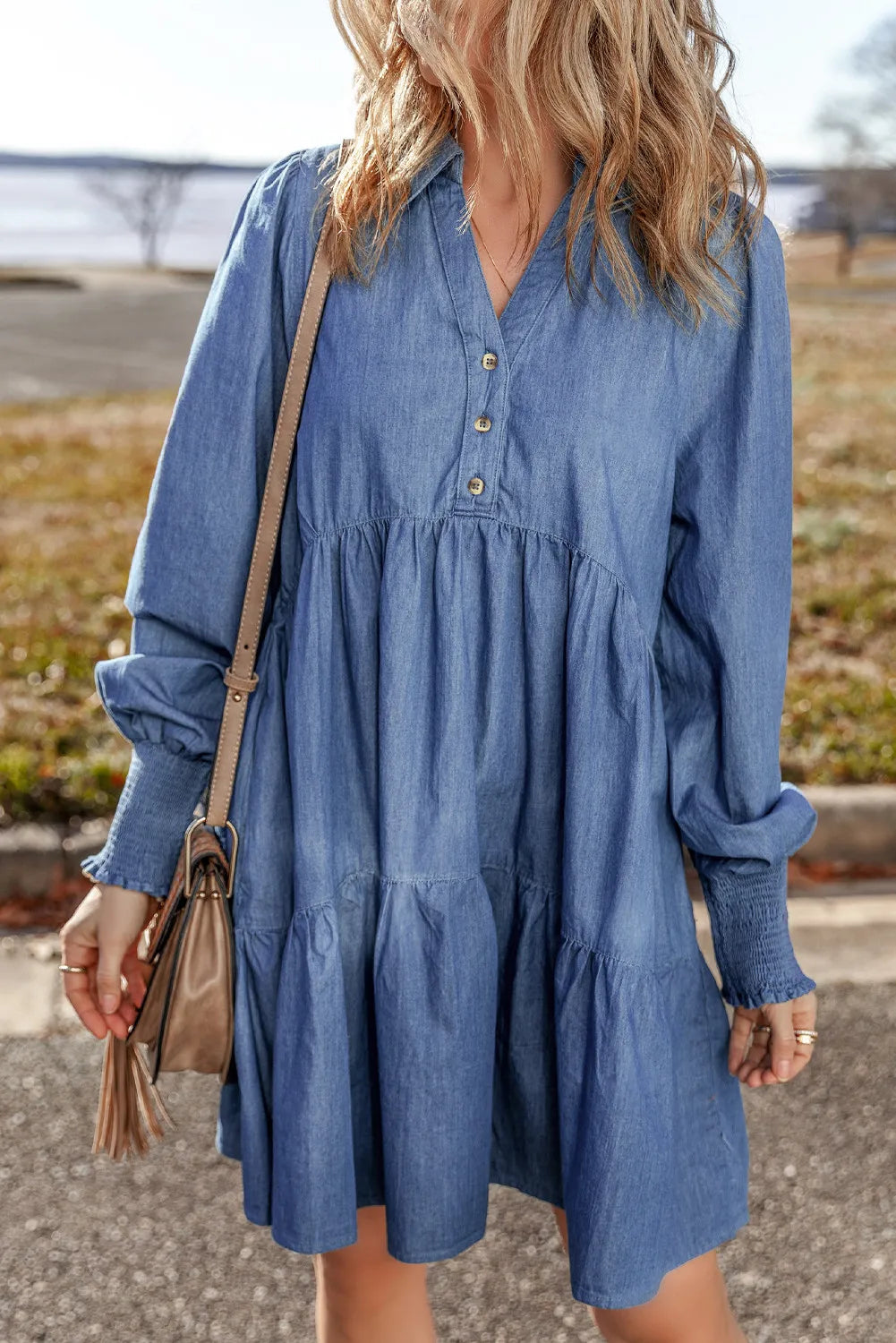 Tiered Johnny Collar Long Sleeve Denim Dress - Luxe4Everyday Medium / S Dress