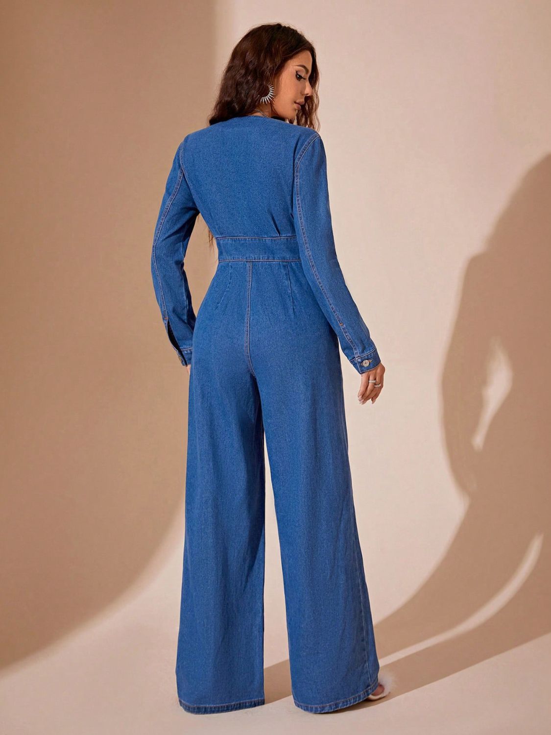 Plunge Long Sleeve Wide Leg Denim Jumpsuit - Luxe4Everyday Medium / XS Jumpsuit