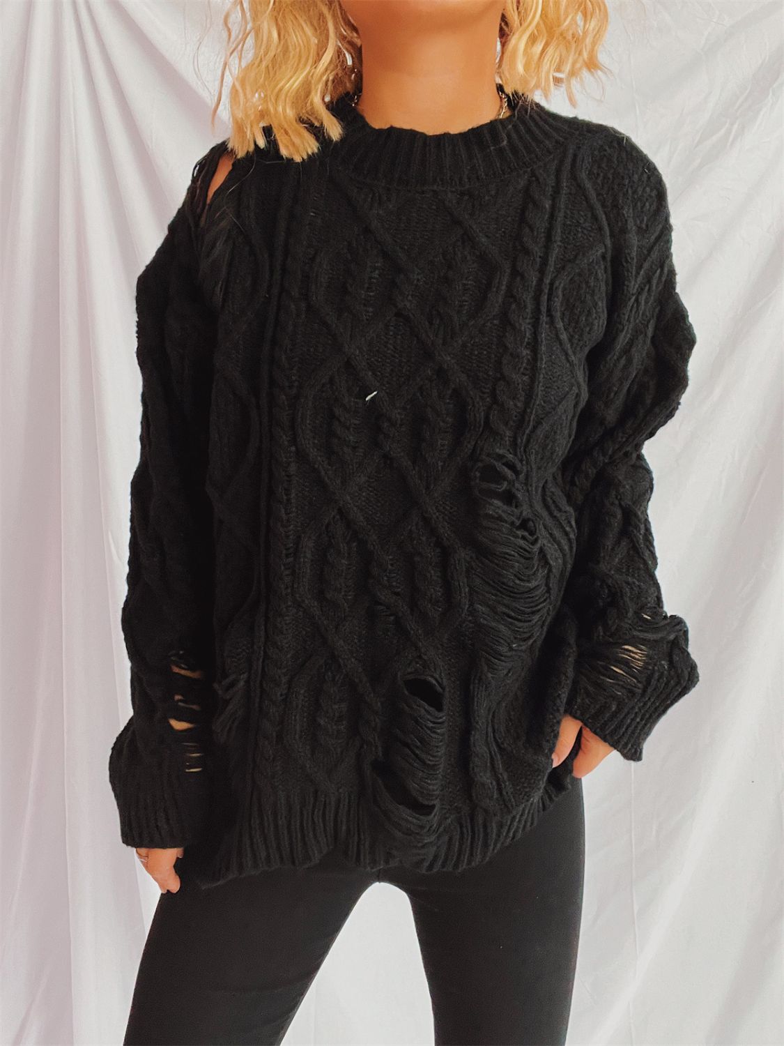 Distressed Cable-Knit Round Neck Long Sleeve Sweater - Luxe4Everyday Black / One Size Sweater