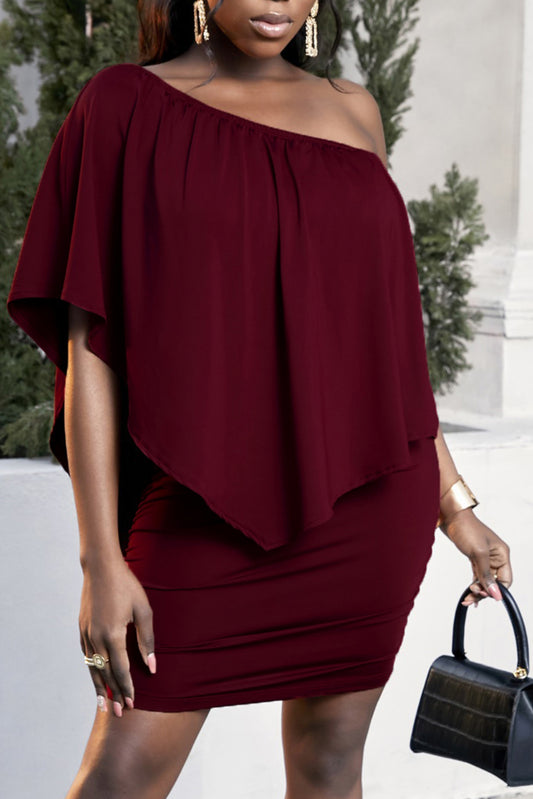 Plus Size One-Shoulder Half Sleeve Mini Dress - Luxe4Everyday Burgundy / XL Dress