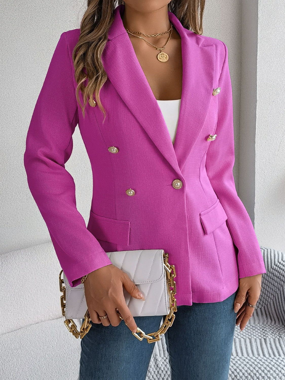 Decorative Pocket Flap Lapel Collar Long Sleeve Blazer - Luxe4Everyday Jacket