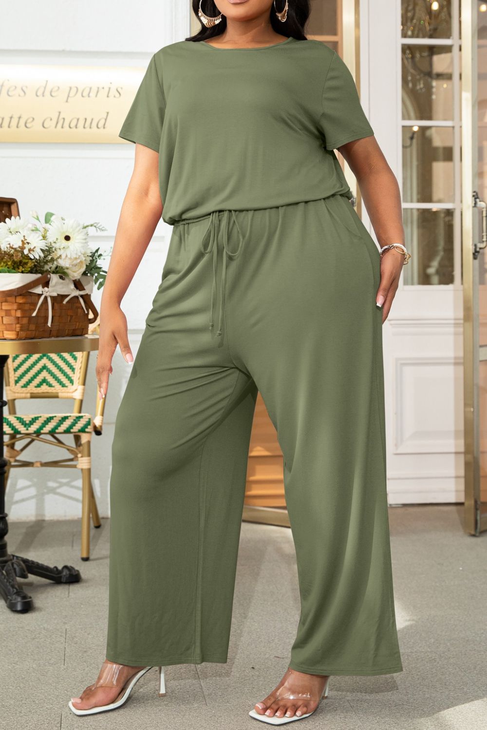 Plus Size Drawstring Waist Short Sleeve Jumpsuit - Luxe4Everyday Moss / 0XL Jumpsuit