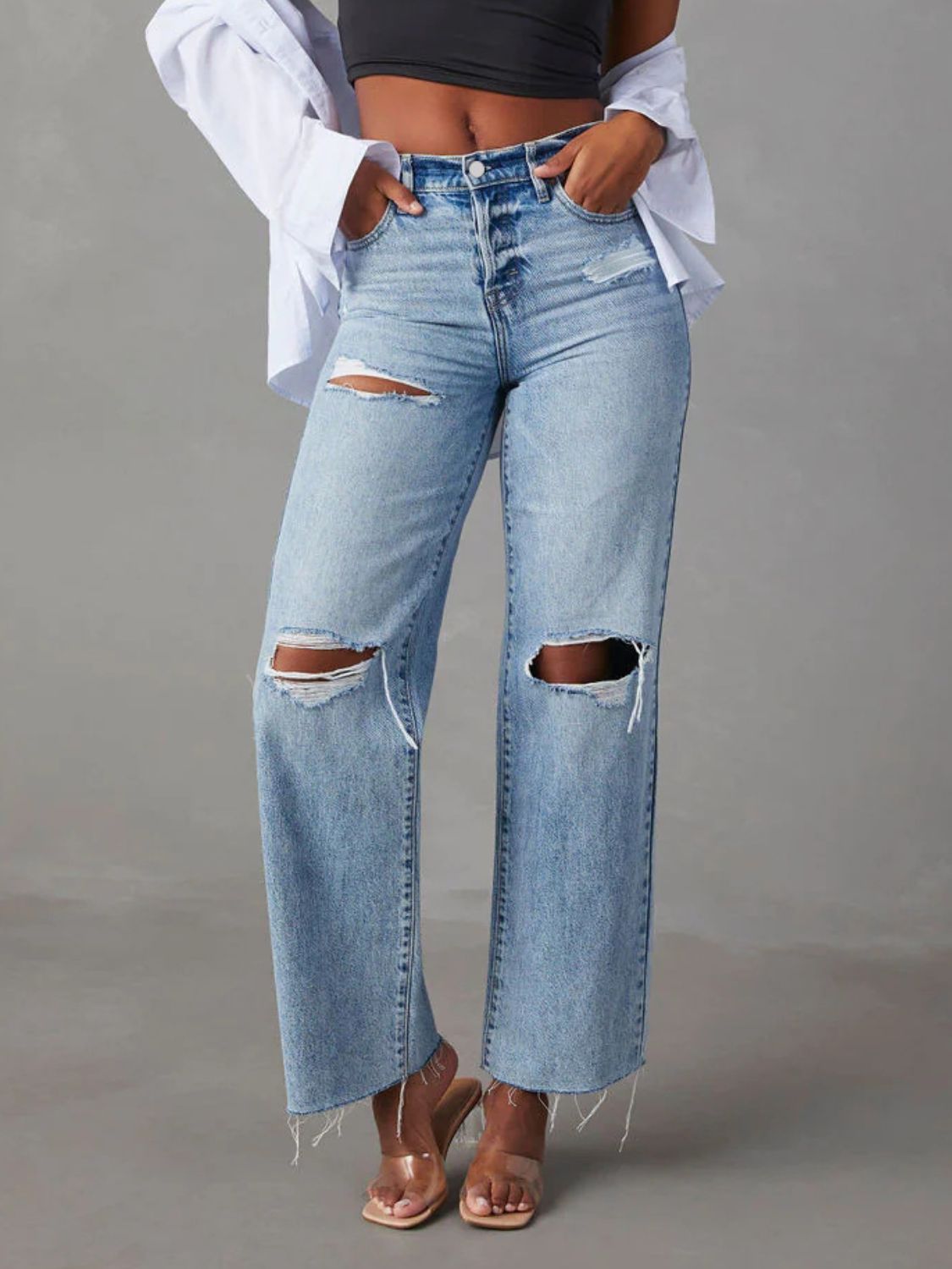 Distressed Straight Leg Jeans with Pockets - Luxe4Everyday Light / S Jeans