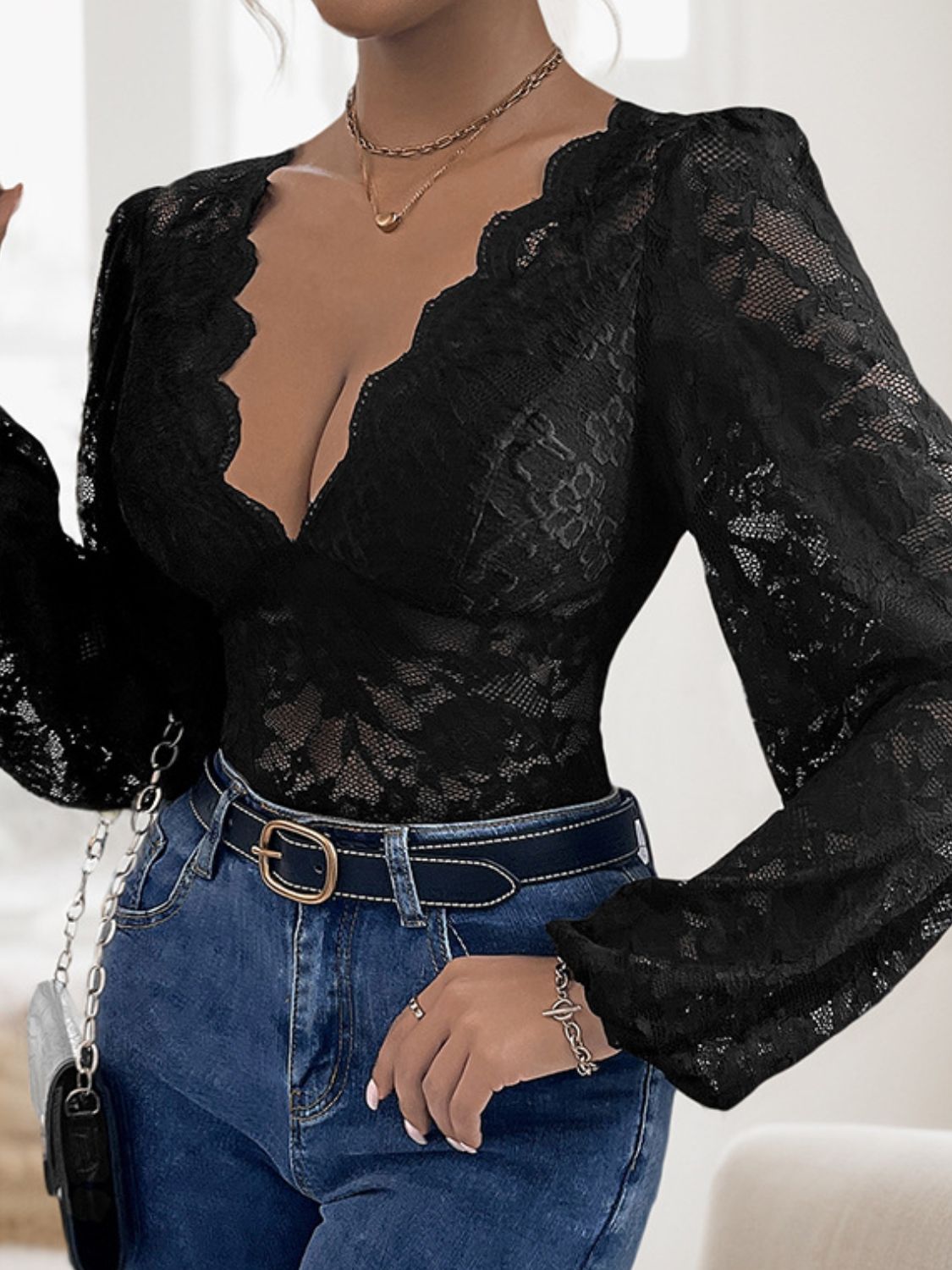 Perfee Lace Plunge Long Sleeve Bodysuit - Luxe4Everyday Bodysuit