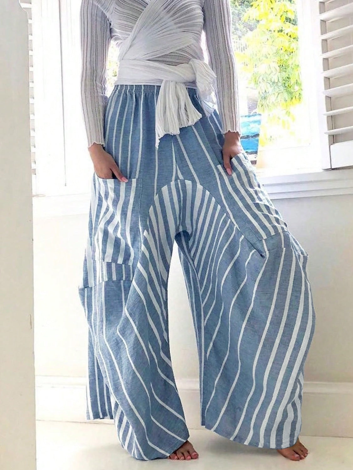 Striped Elastic Waist Wide Leg Pants - Luxe4Everyday Light Blue / S Pants