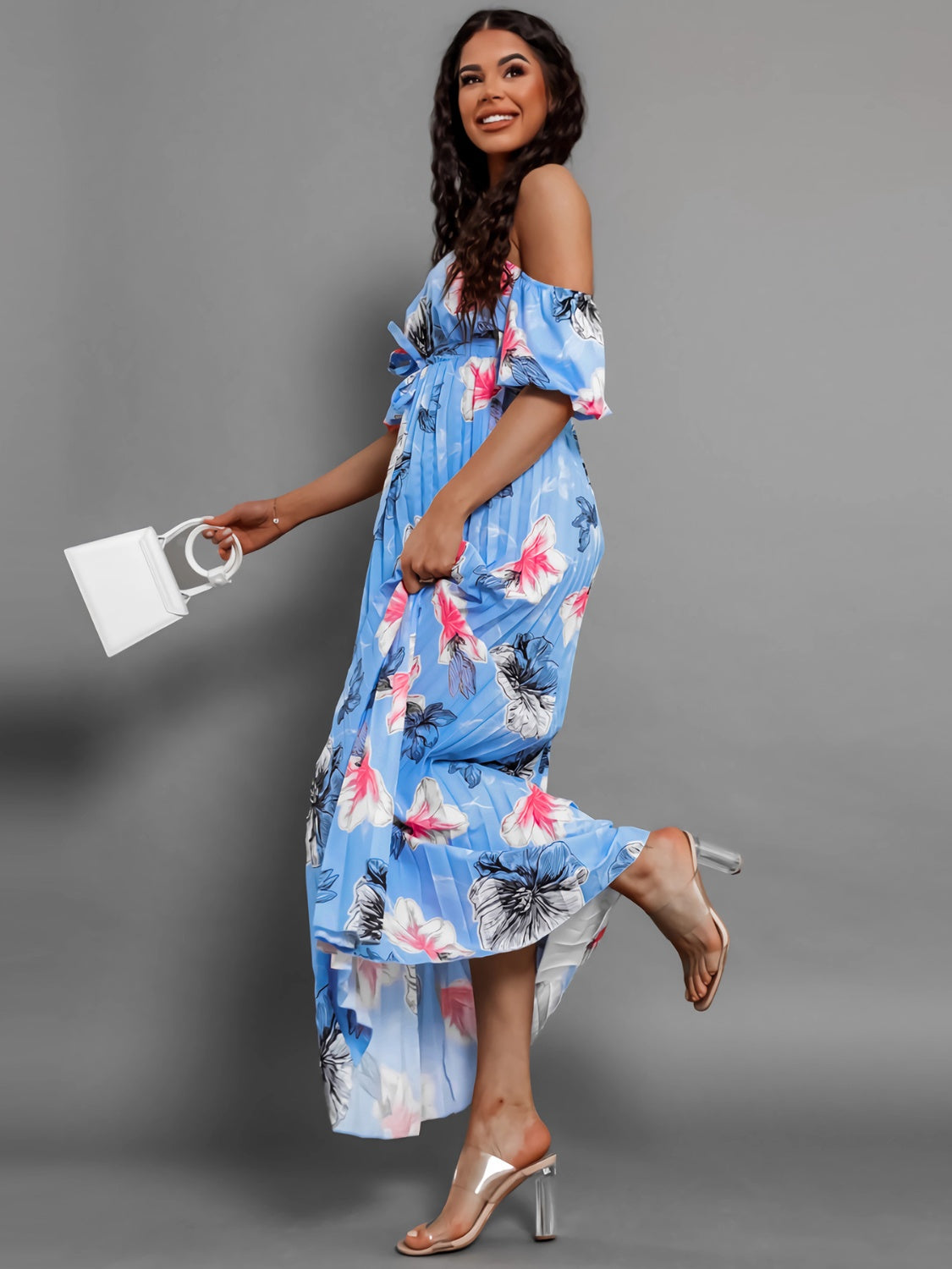 Pleated Floral Off-Shoulder Short Sleeve Midi Dress - Luxe4Everyday Dress