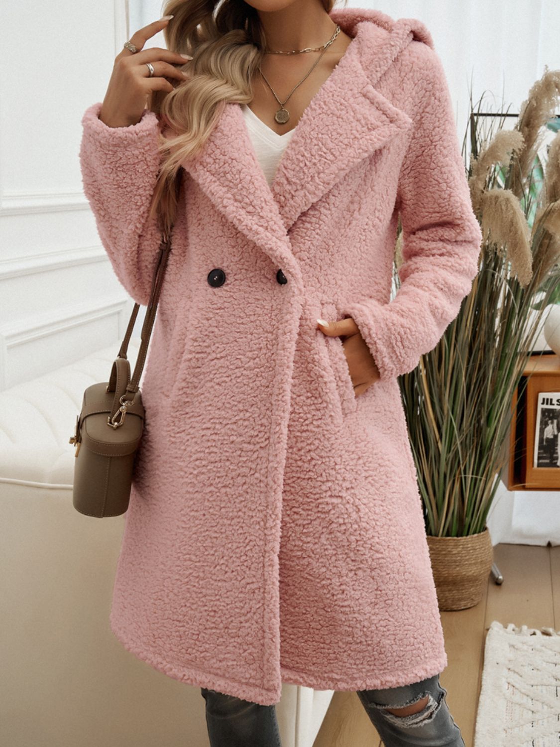 Devine Pocketed Long Sleeve Hooded Teddy Coat - Luxe4Everyday Coat