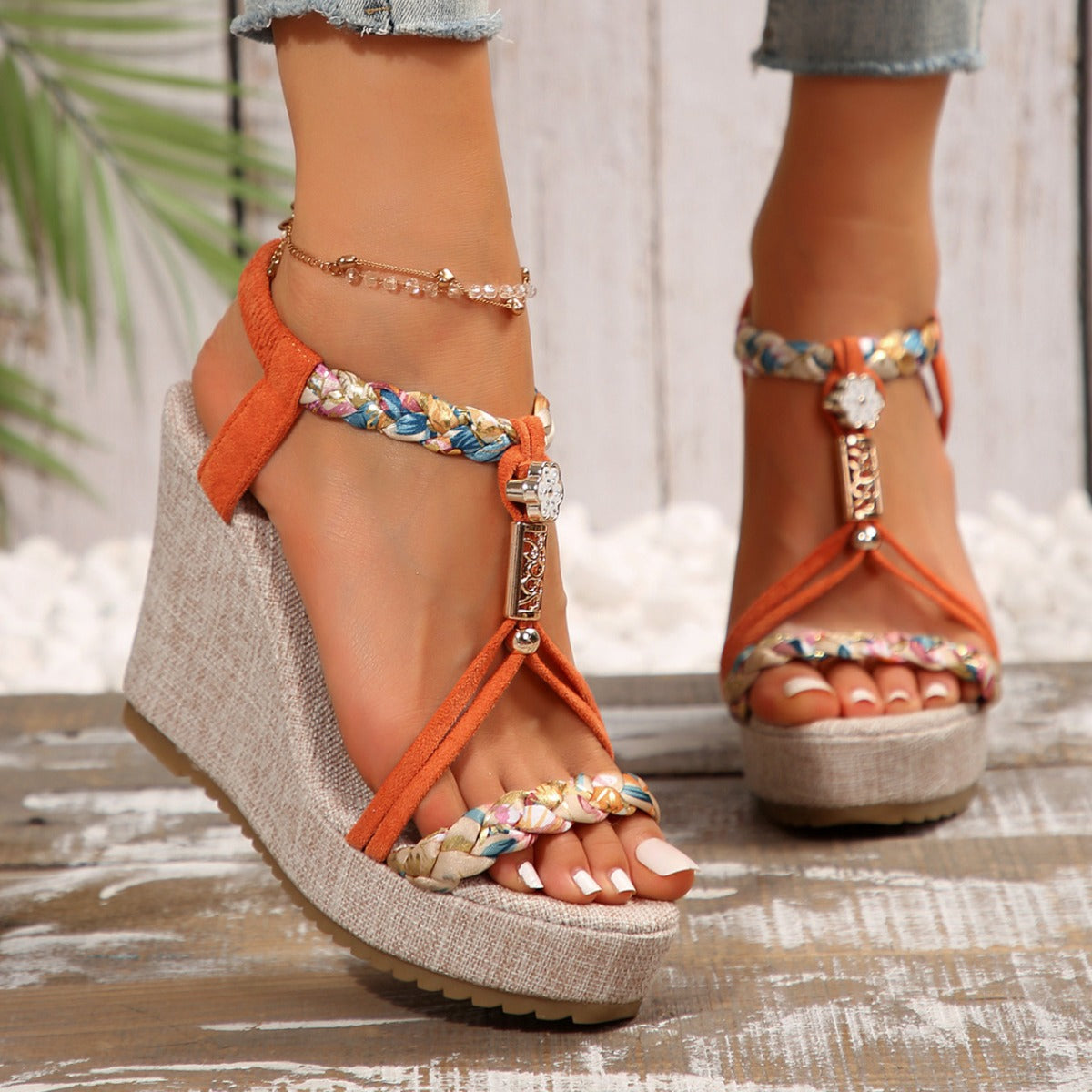 Braided Strap Wedge Sandals - Luxe4Everyday Orange / 36(US5) Shoes