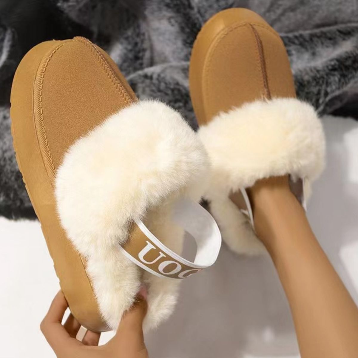 Plush Platform Slippers with Letter Strap - Luxe4Everyday Camel / 36(US5) shoes