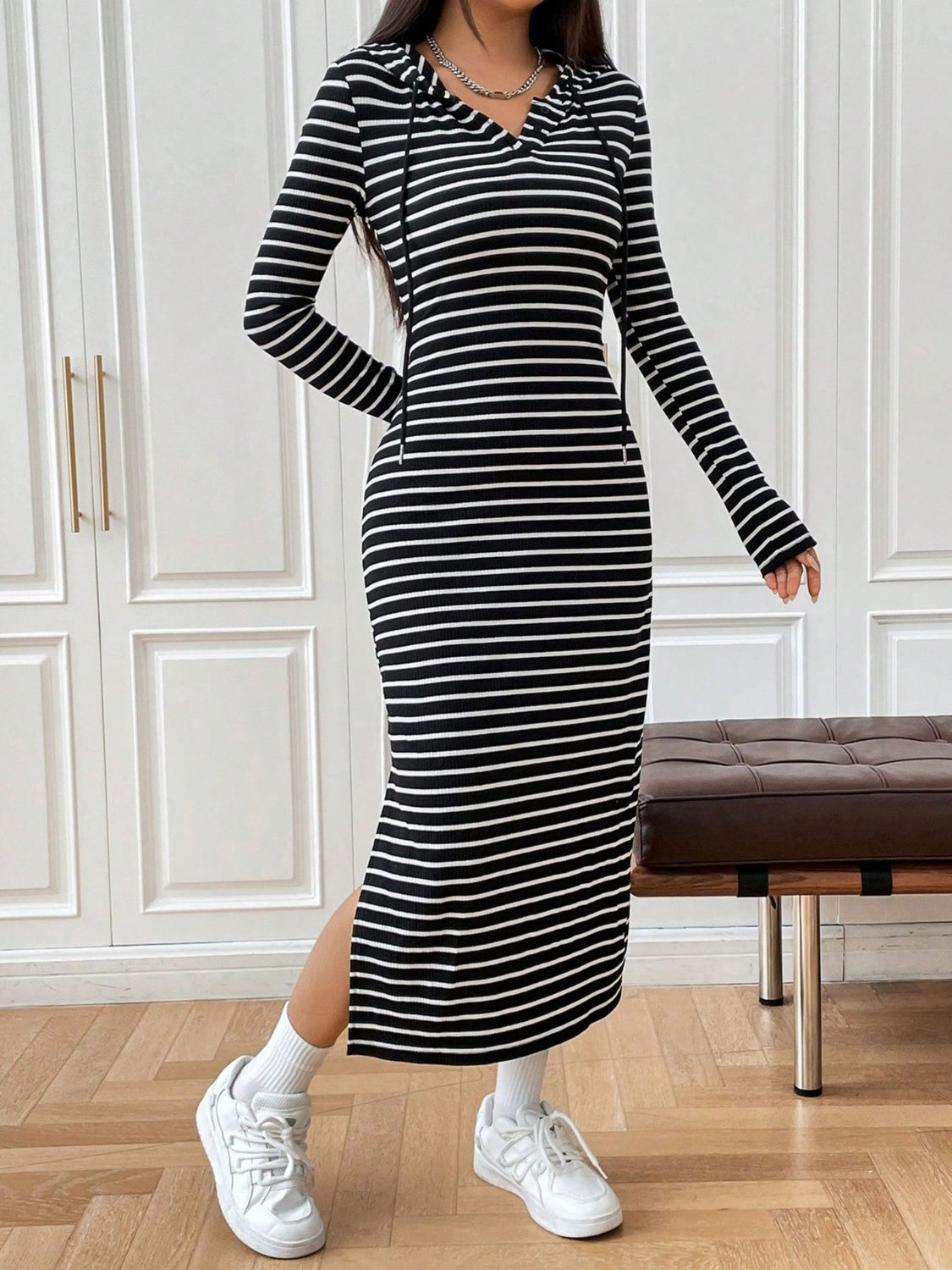 Drawstring Striped Long Sleeve Hooded Dress - Luxe4Everyday Black / S Dress