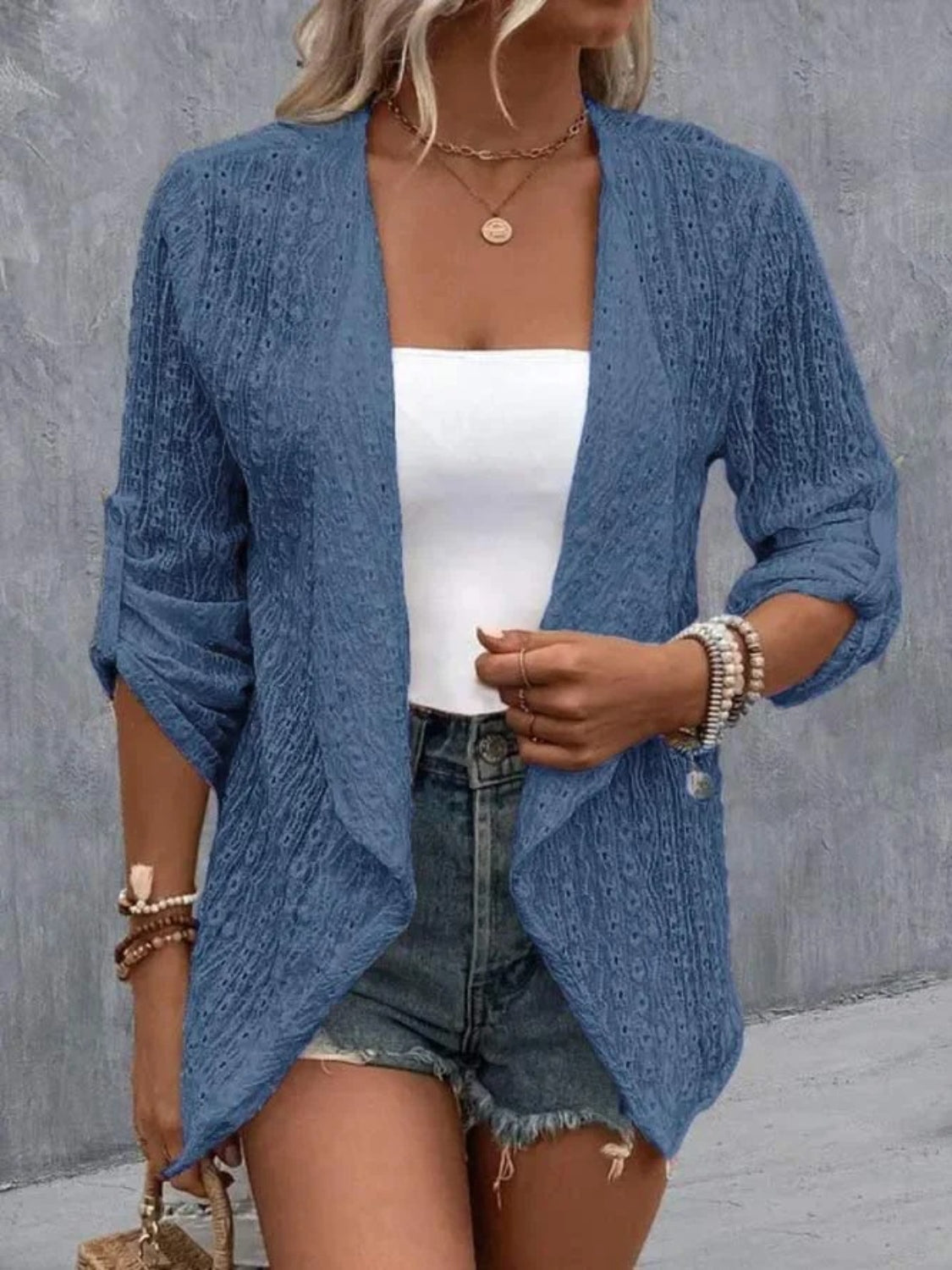 Eyelet Roll-Tab Sleeve Cardigan - Luxe4Everyday Dusty Blue / S Jacket