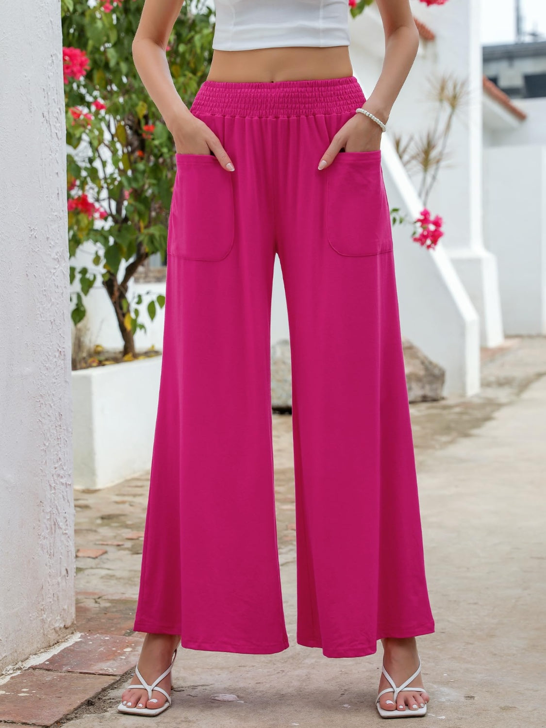 Pocketed Elastic Waist Wide Leg Pants - Luxe4Everyday Hot Pink / S Pants